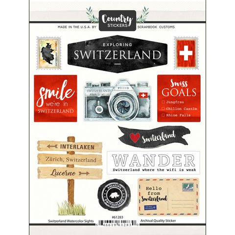 Scrapbook Customs Sticker - Switzerland Watercolor Sights Stickers
