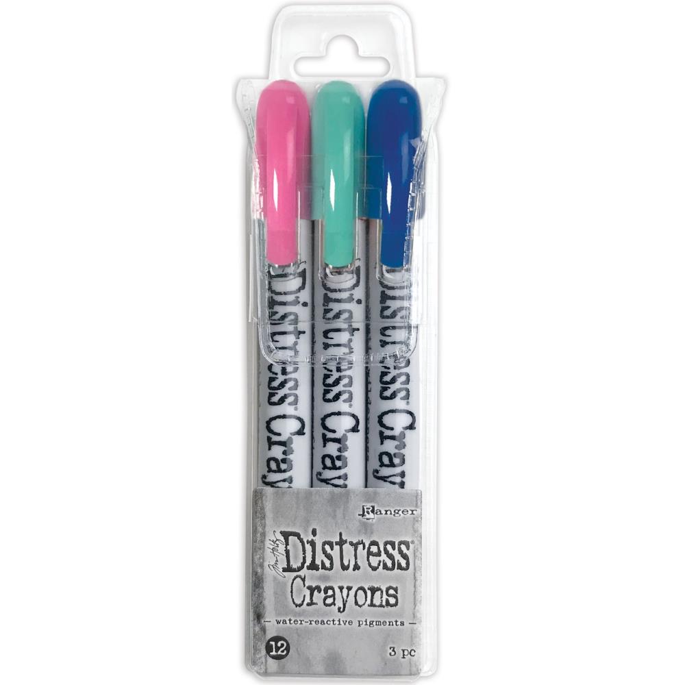 Tim Holtz Distress Crayons  - Set 12   - kitsch Flamingo, Blue Ribbon and Salvaged Patina