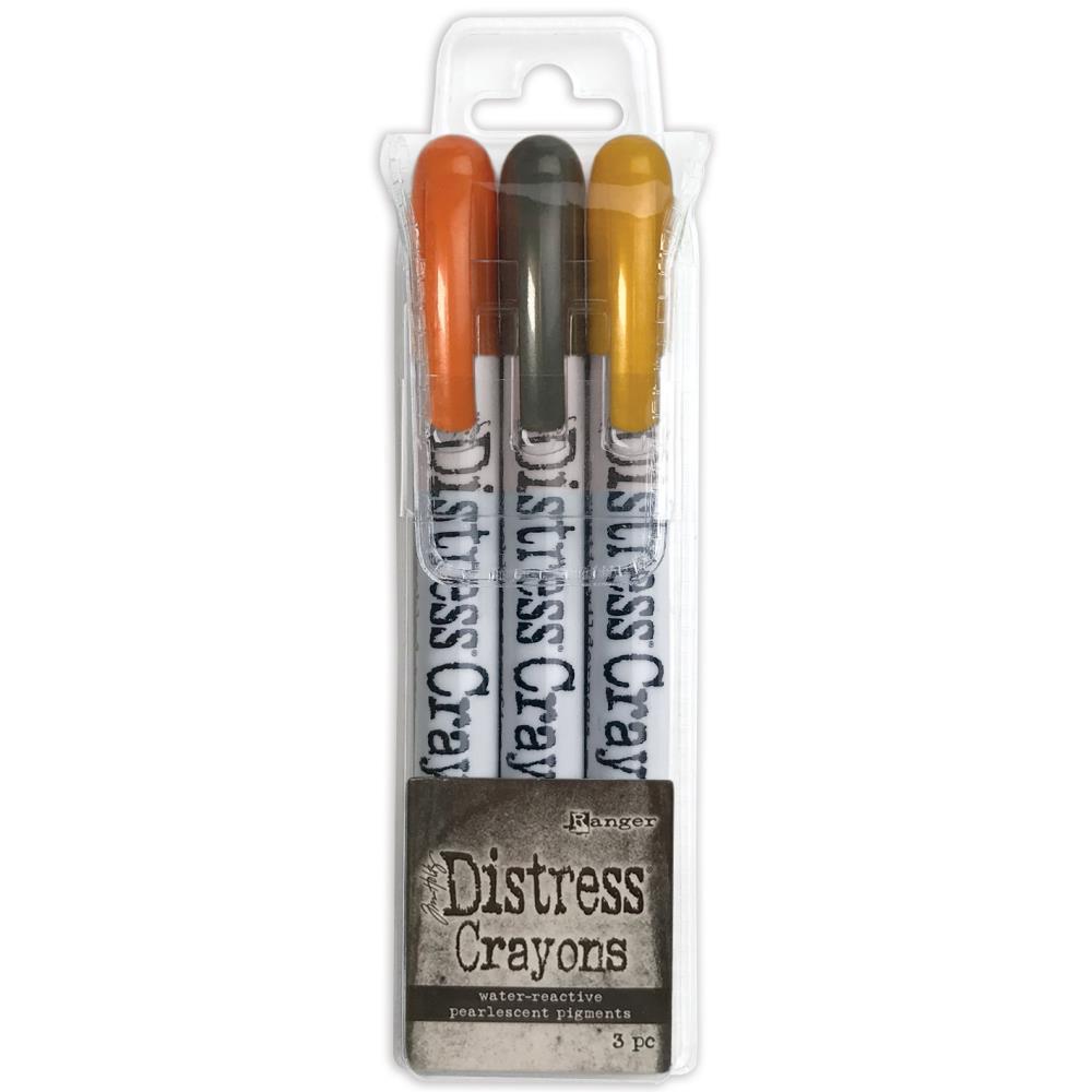 Tim Holtz Distress Crayons  -  Halloween Set 1-JACK-O-LANTERN (burnt orange), EMPTY TOMB (dark gray) and FLICKERING CANDLE (dirty yellow)