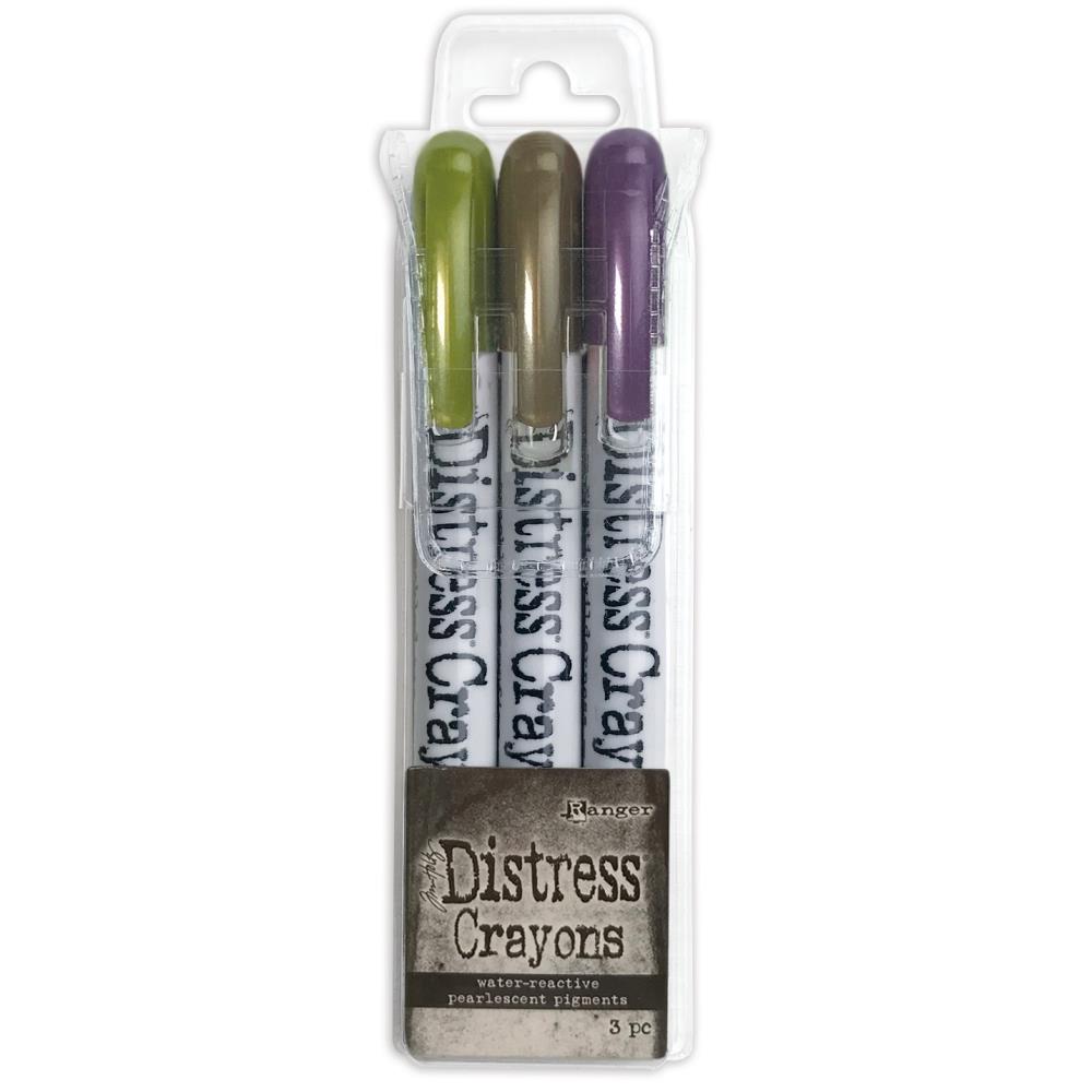 Tim Holtz Distress Crayons  -  Halloween Set 2   -BUBBLING CAULDRON (slime green), CROOKED BROOMSTICK (dusty brown) and HOCUS-POCUS (deep purple).